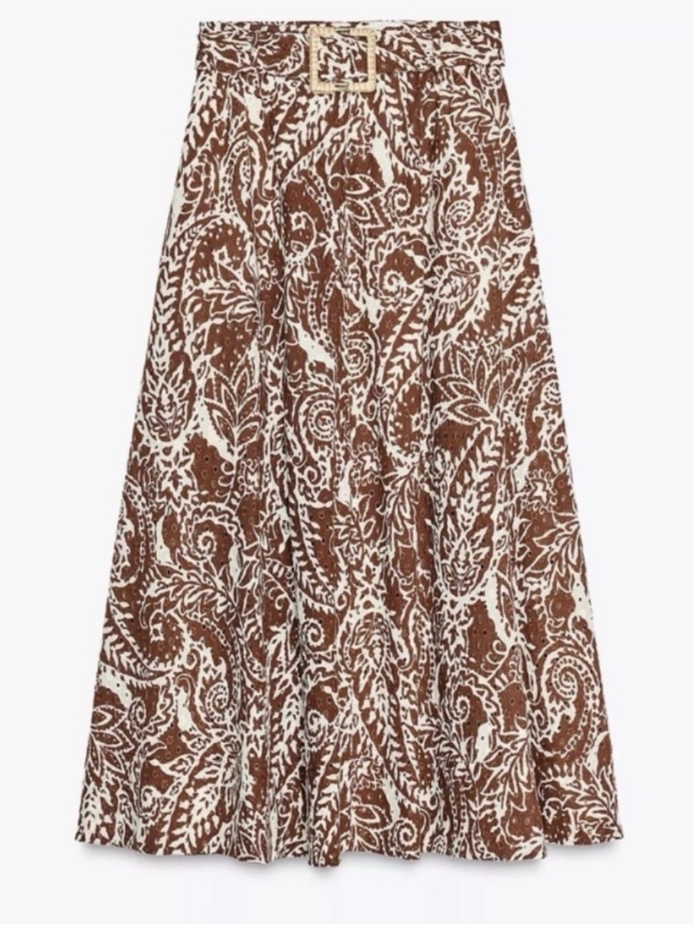 Zara Women’s Maxi Cotton Skirt Brown and White Paisley Size Medium With Belt
